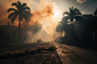 Smoky street scene with scattered debris and abandoned barricades in Madagascar capital