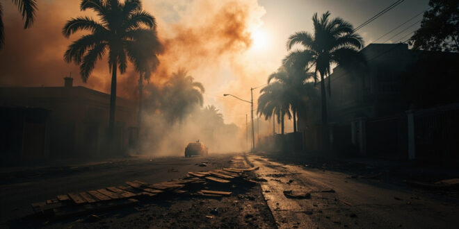 Smoky street scene with scattered debris and abandoned barricades in Madagascar capital