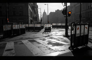 Metal police barriers and orange traffic cones scattered on empty Berlin street after demonstration