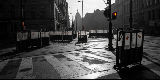 Metal police barriers and orange traffic cones scattered on empty Berlin street after demonstration
