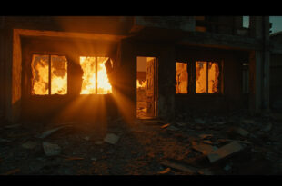 Damaged concrete building with shattered windows and debris scattered on ground in dark urban setting