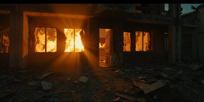Damaged concrete building with shattered windows and debris scattered on ground in dark urban setting
