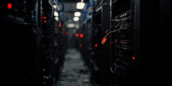 Unplugged ethernet cable hanging from dark server rack with scattered red warning indicator lights in data center