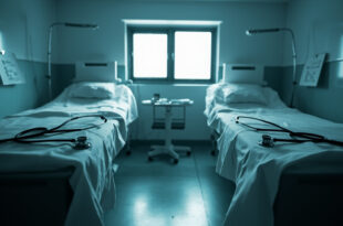Two empty hospital beds with medical equipment and folded white linens under fluorescent lighting in clinical rooms