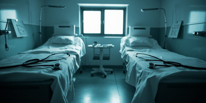 Two empty hospital beds with medical equipment and folded white linens under fluorescent lighting in clinical rooms