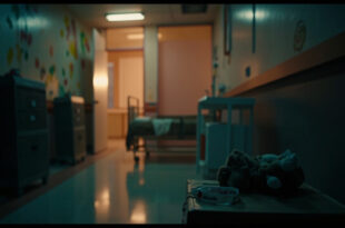 Empty pediatric hospital room with small bed, cheerful wall decorations, and medical equipment in soft lighting