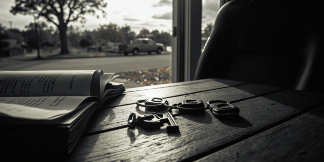 Car keys and open textbook on wooden surface with soft natural lighting and autumn tones