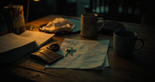 House keys, paperwork, and coffee mug on wooden kitchen table in warm ambient light
