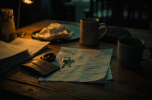 House keys, paperwork, and coffee mug on wooden kitchen table in warm ambient light