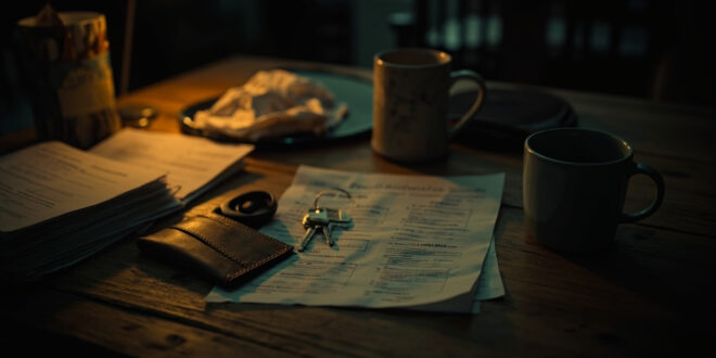 House keys, paperwork, and coffee mug on wooden kitchen table in warm ambient light