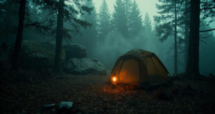 Empty tent in shadowy forest clearing with camping equipment scattered on ground near large boulders and dense trees