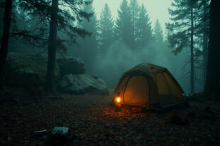 Empty tent in shadowy forest clearing with camping equipment scattered on ground near large boulders and dense trees