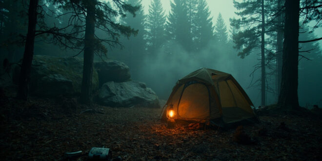 Empty tent in shadowy forest clearing with camping equipment scattered on ground near large boulders and dense trees