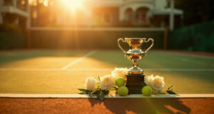 Silver trophy with white roses and tennis balls on outdoor clay court at golden hour