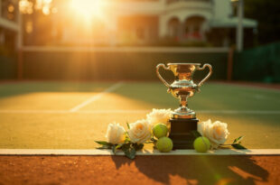 Silver trophy with white roses and tennis balls on outdoor clay court at golden hour