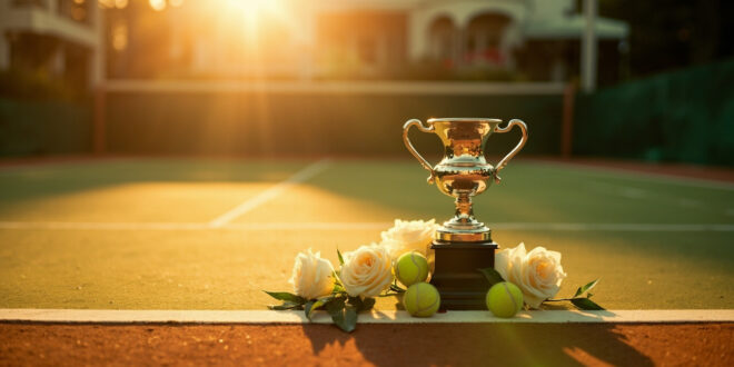 Silver trophy with white roses and tennis balls on outdoor clay court at golden hour