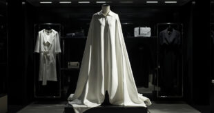 White oversized cape displayed on stand with black pointed-toe heels in elegant boutique interior