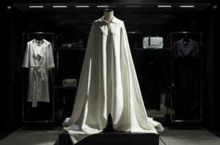 White oversized cape displayed on stand with black pointed-toe heels in elegant boutique interior