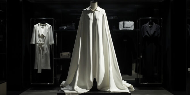 White oversized cape displayed on stand with black pointed-toe heels in elegant boutique interior