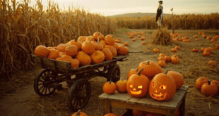Wooden wagon filled with orange pumpkins on path through pumpkin patch with corn maze and scarecrow in background