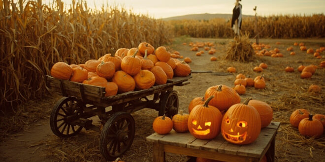 Wooden wagon filled with orange pumpkins on path through pumpkin patch with corn maze and scarecrow in background
