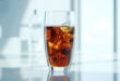 Glass of dark cola with ice cubes on sterile white surface in clinical lighting