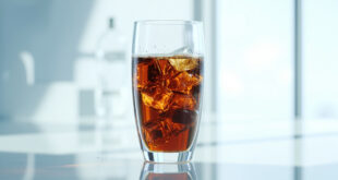 Glass of dark cola with ice cubes on sterile white surface in clinical lighting