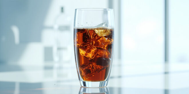 Glass of dark cola with ice cubes on sterile white surface in clinical lighting
