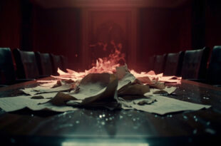 Scattered official documents with broken wax seals on dark wooden conference table in empty meeting room.