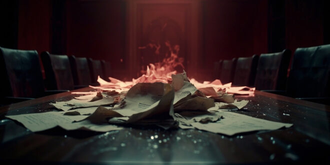 Scattered official documents with broken wax seals on dark wooden conference table in empty meeting room.