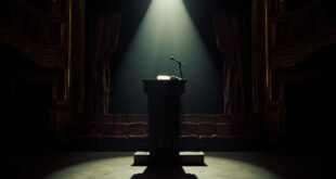 Empty speaker podium with open book under spotlight in classical opera house with burgundy curtains and vacant seats
