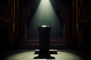 Empty speaker podium with open book under spotlight in classical opera house with burgundy curtains and vacant seats