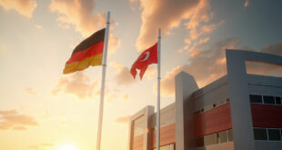 German and Turkish flags flying together against cloudy sky near modern government building in Ankara