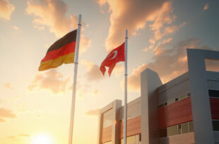 German and Turkish flags flying together against cloudy sky near modern government building in Ankara