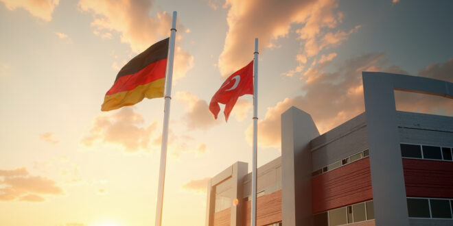 German and Turkish flags flying together against cloudy sky near modern government building in Ankara