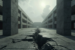 Two massive concrete blocks separated by jagged crack in empty plaza under gray sky