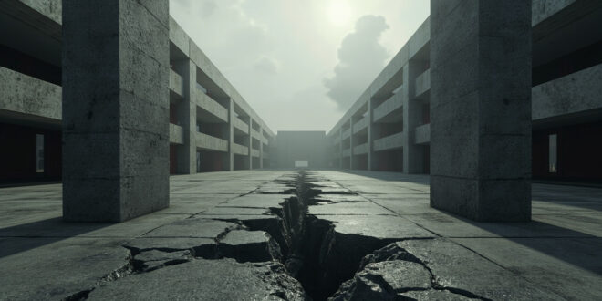 Two massive concrete blocks separated by jagged crack in empty plaza under gray sky