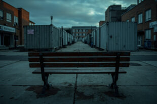 Empty urban plaza with park bench and modular container housing structures in background under gray sky