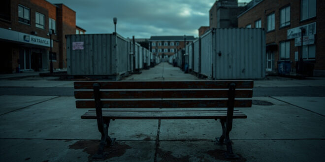 Empty urban plaza with park bench and modular container housing structures in background under gray sky