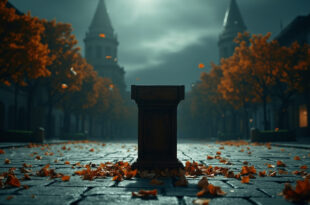 Empty wooden podium stands alone on cobblestone square with scattered leaves under overcast sky
