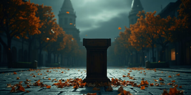 Empty wooden podium stands alone on cobblestone square with scattered leaves under overcast sky