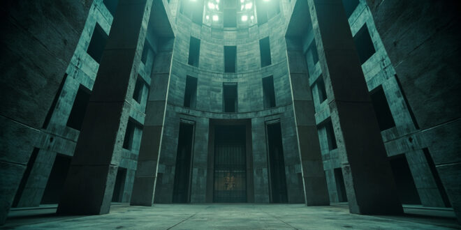 Imposing concrete barrier wall with locked industrial gate, dividing empty architectural space in cold gray tones