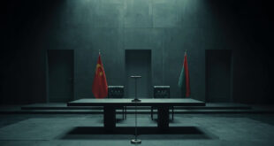 Empty press conference podium with microphone, two national flags in background, stark lighting creates dramatic shadows