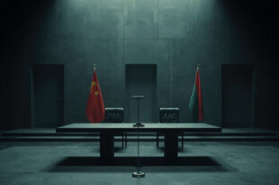 Empty press conference podium with microphone, two national flags in background, stark lighting creates dramatic shadows