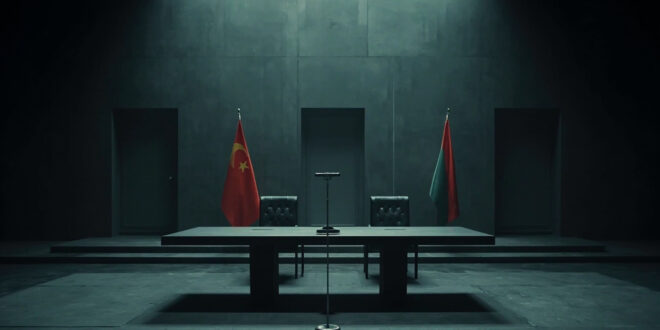 Empty press conference podium with microphone, two national flags in background, stark lighting creates dramatic shadows