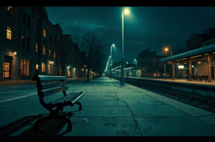 Empty train station platform with benches and overhead lighting in somber evening atmosphere