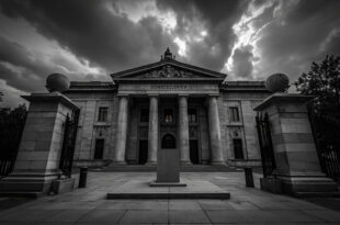 Closed government building doors with security barriers under heavy gray sky