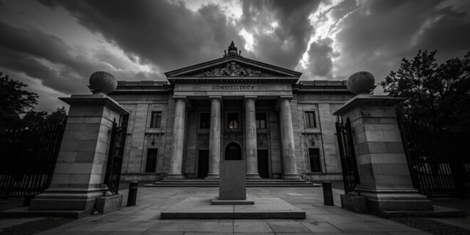 Closed government building doors with security barriers under heavy gray sky