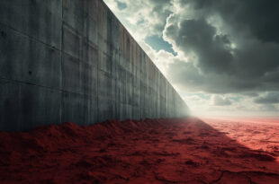 Massive concrete barrier wall dividing landscape under stormy sky with sharp shadows and contrasting zones