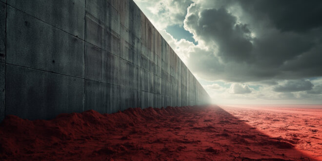 Massive concrete barrier wall dividing landscape under stormy sky with sharp shadows and contrasting zones